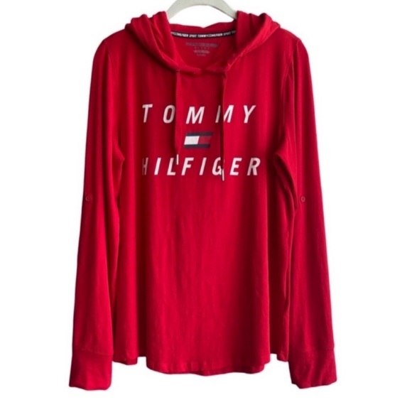 Tommy Hilfiger Roll Tab Long Sleeve Hoodie Tee Sport Top True Red White Size M - Picture 1 of 11